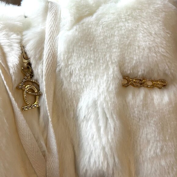 Y2k bebe jacket womens XS white faux fur hooded pom pom cropped hoodie vintage - Picture 4 of 15